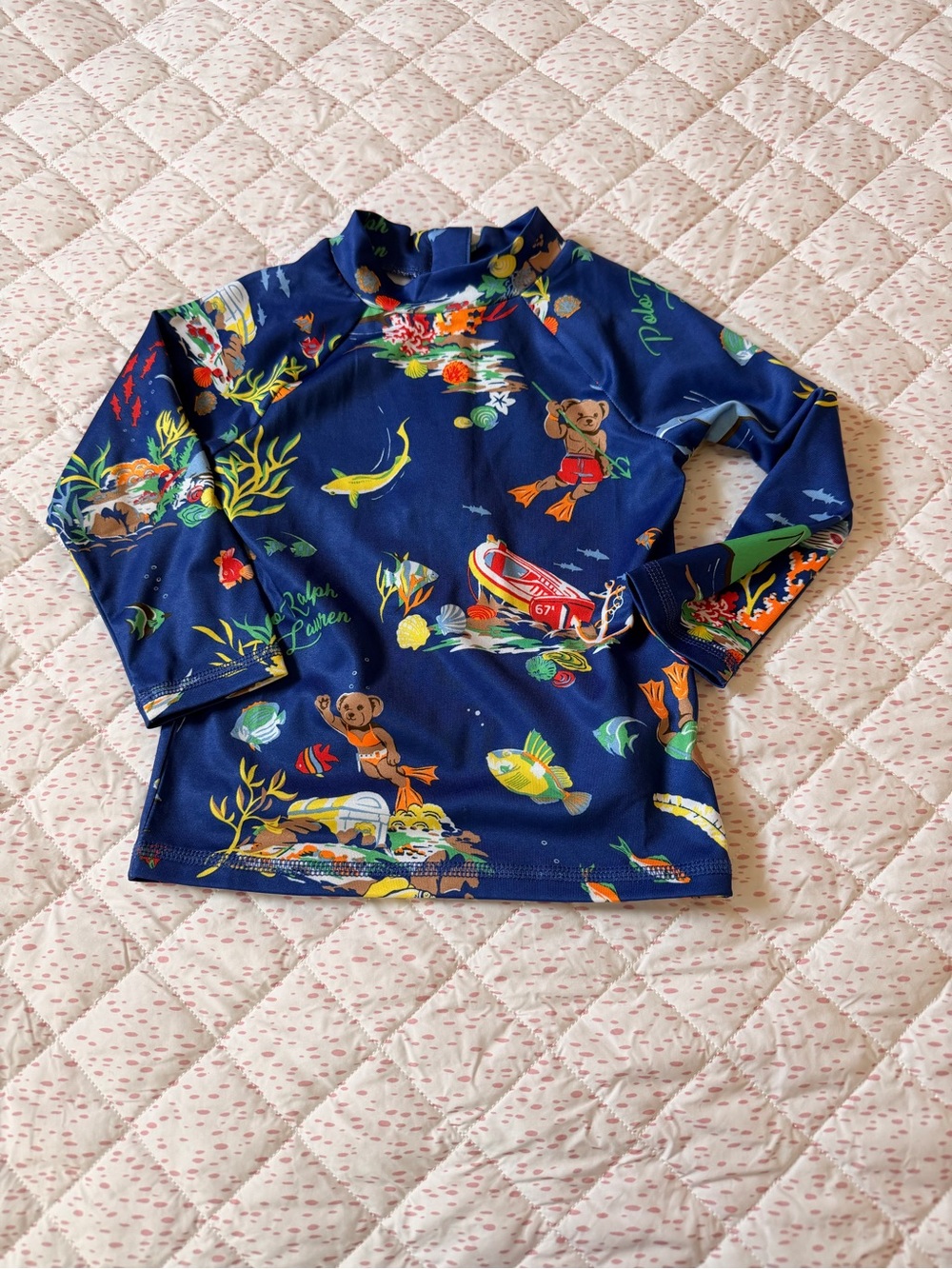 Ralph Lauren Navy Multicolor Teddy Bear & Fish Print Rashguard